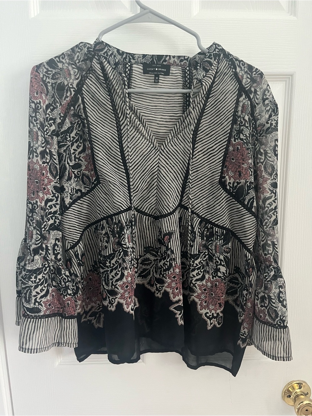 Lucky Brand Dark Navy Floral Mixed-Print V-Neck Peasant Blouse